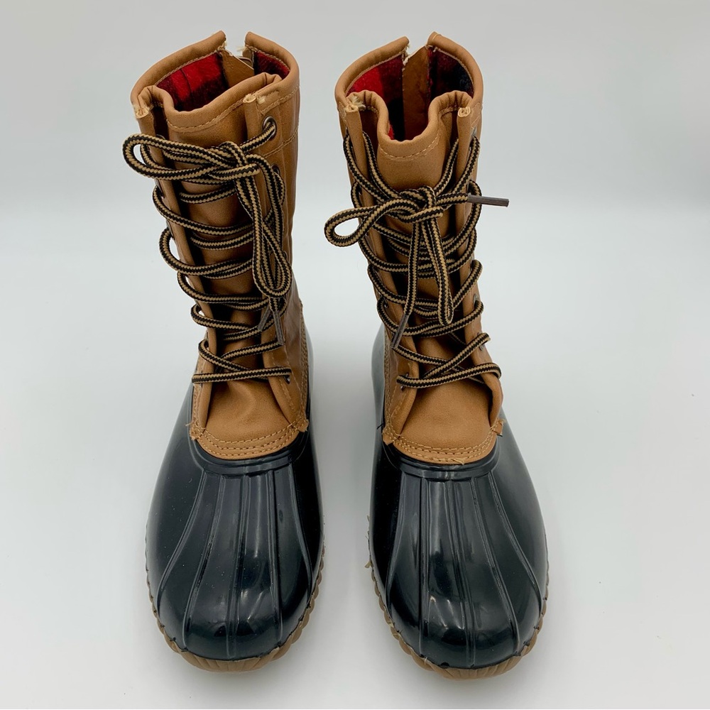 Madden Girl Flurry Duck Rain Boot Tan Black Women Sz 6.5 Fleece Plaid Lining EUC - Picture 3 of 14